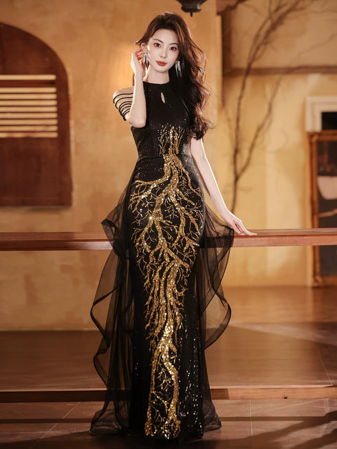 Black Sequins Halter Beaded Floor Length Party Dress, Black Sequins Long Prom Dress